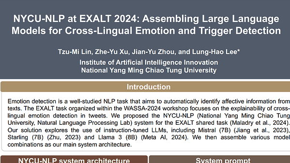 NYCU-NLP at EXALT 2024: Assembling Large Language Models for
Cross-Lingual Emotion and Trigger Detection