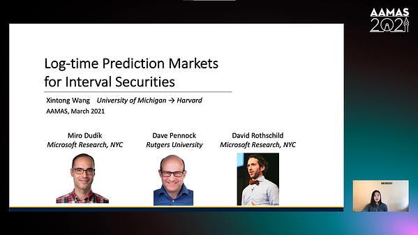 Log-time Prediction Markets for Interval Securities