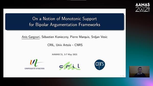 On a Notion of Monotonic Support for Bipolar Argumentation Frameworks