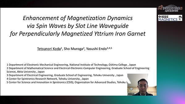  Enhancement of magnetization dynamics via spin waves by slot line waveguide for perpendicularly magnetized yttrium iron garnet