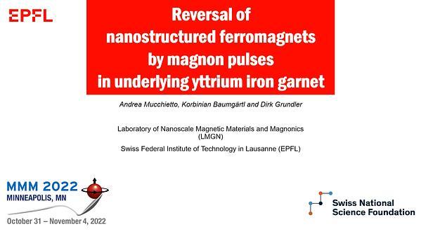 Reversal of nanostructured ferromagnets by magnon pulses in underlying yttrium iron garnet