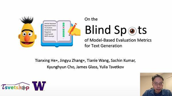 On the Blind Spots of Model-Based Evaluation Metrics for Text Generation