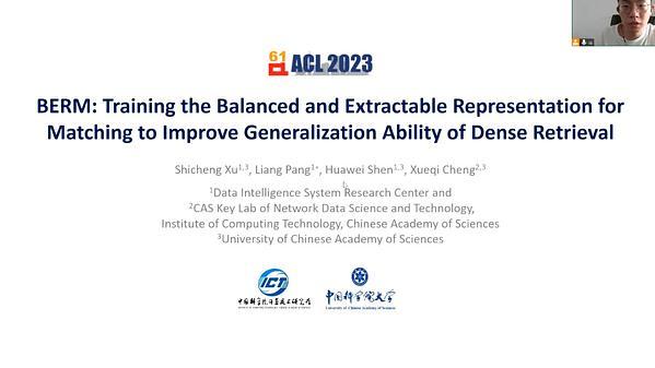 BERM: Training the Balanced and Extractable Representation for Matching to Improve Generalization Ability of Dense Retrieval
